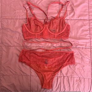 Adore Me Coral Lace Crisscross Bra (36B) & Panty (L) Set